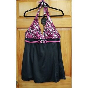 Jaclyn Smith Halter Black & Floral 1 Piece Bathing Suit Attached Skirt Size 14